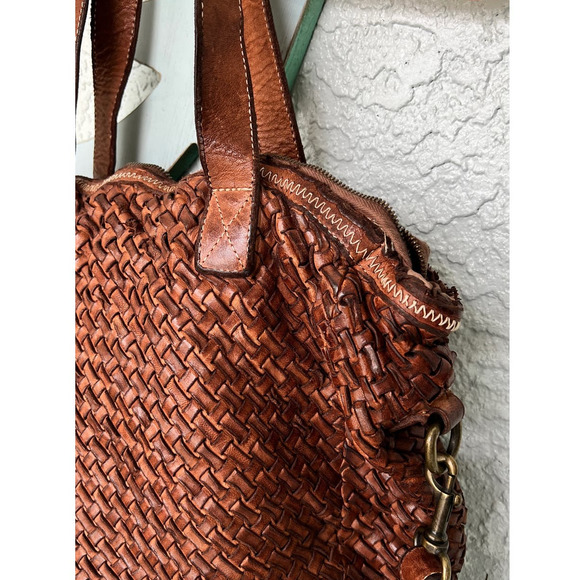 LANGELOTTI Italian Distressed Leather Woven Tote Bag - Crossbody - Tobacco Brown - Picture 7 of 12